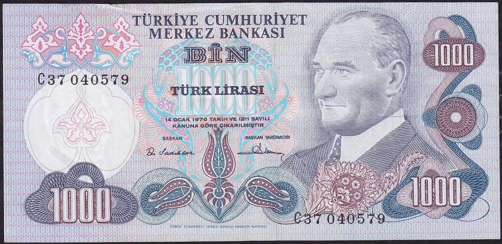 6.Emisyon 1.Tertip 1000 Lira C37 040579 Çok Çok Temiz