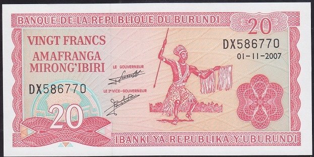 Burundi 20 Frank 2007 Çil Pick27d