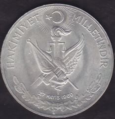 1960 Yılı 10 Lira - Hakimiyet Milletindir İhtilal Gümüş (15 Gram)