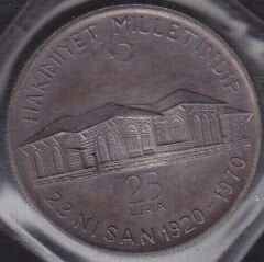 1970 Yılı 25 Lira Hakimiyet Milletindir Kapalı Poşetinde Gümüş