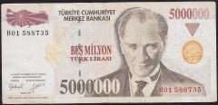 7.Emisyon 5 000 000 Lira H01 588735 Çok Temiz+