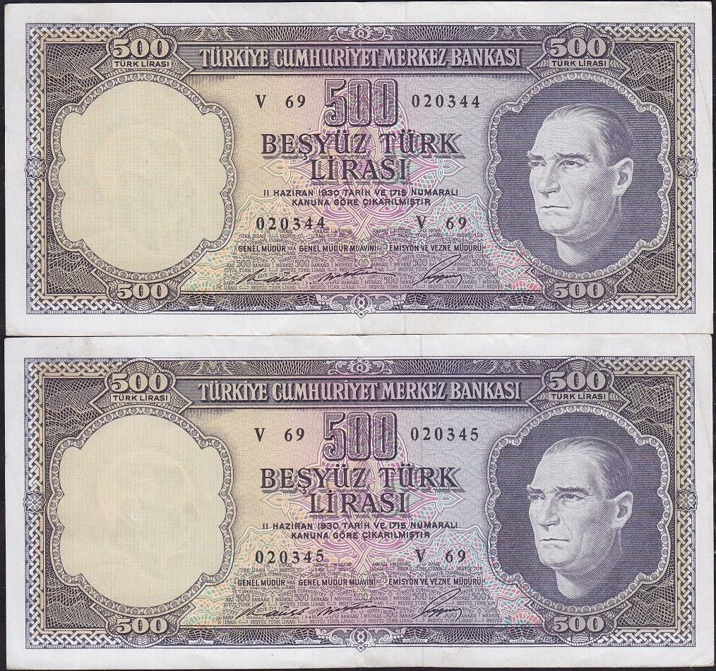 5.Emisyon 4.Tertip 500 Lira V69 020344-45 Seri Takipli Çok Çok Temiz+