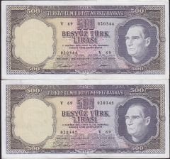 5.Emisyon 4.Tertip 500 Lira V69 020344-45 Seri Takipli Çok Çok Temiz+