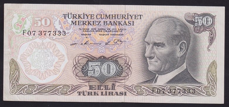 6.EMİSYON 1.TERTİP 50 LİRA F07 377333 ÇÇT +