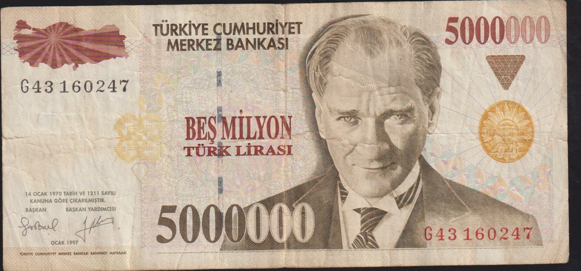 7.Emisyon 5 000 000 Lira G43 160247 Çok Temiz