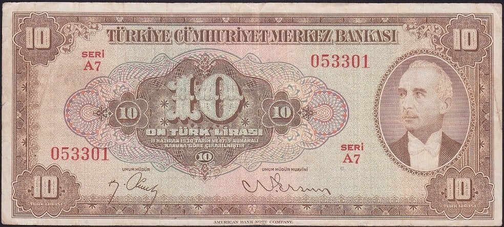 4.Emisyon 10 lira A7 053301 Çok Temiz +