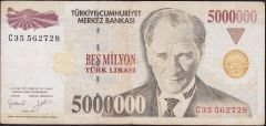 7.Emisyon 5 000 000 Lira C35 562728 Çok Temiz