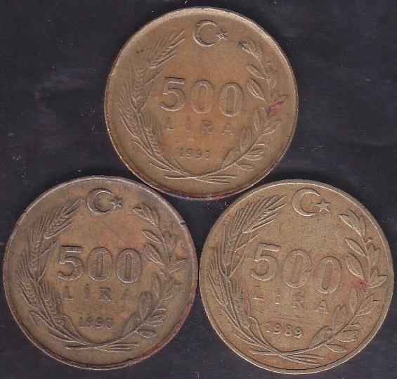 1989 ,1990 ,1991 Yılı 500 Lira  3' lü Lot