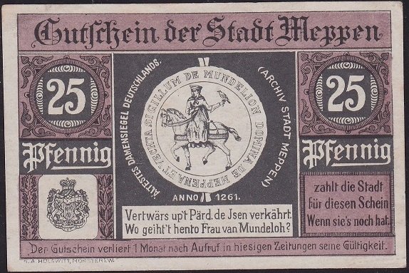 Almanya 25 Pfennig Notgeld 1921 Çilaltı