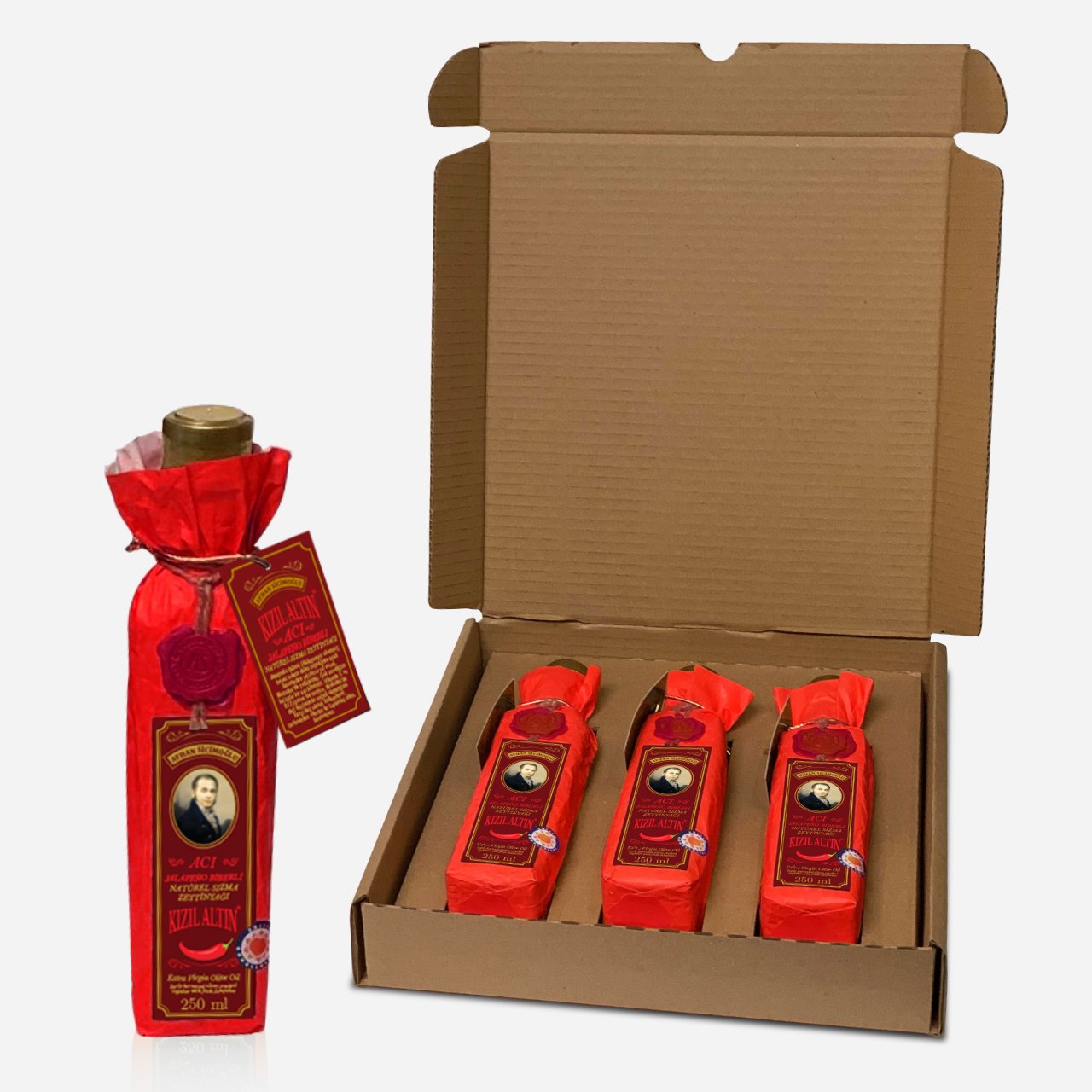 Kızıl Altın Serisi 3'lü 250 ml Acı Jalapeño Biberli Natürel Sızma Zeytinyağı (Kargo Dahil)
