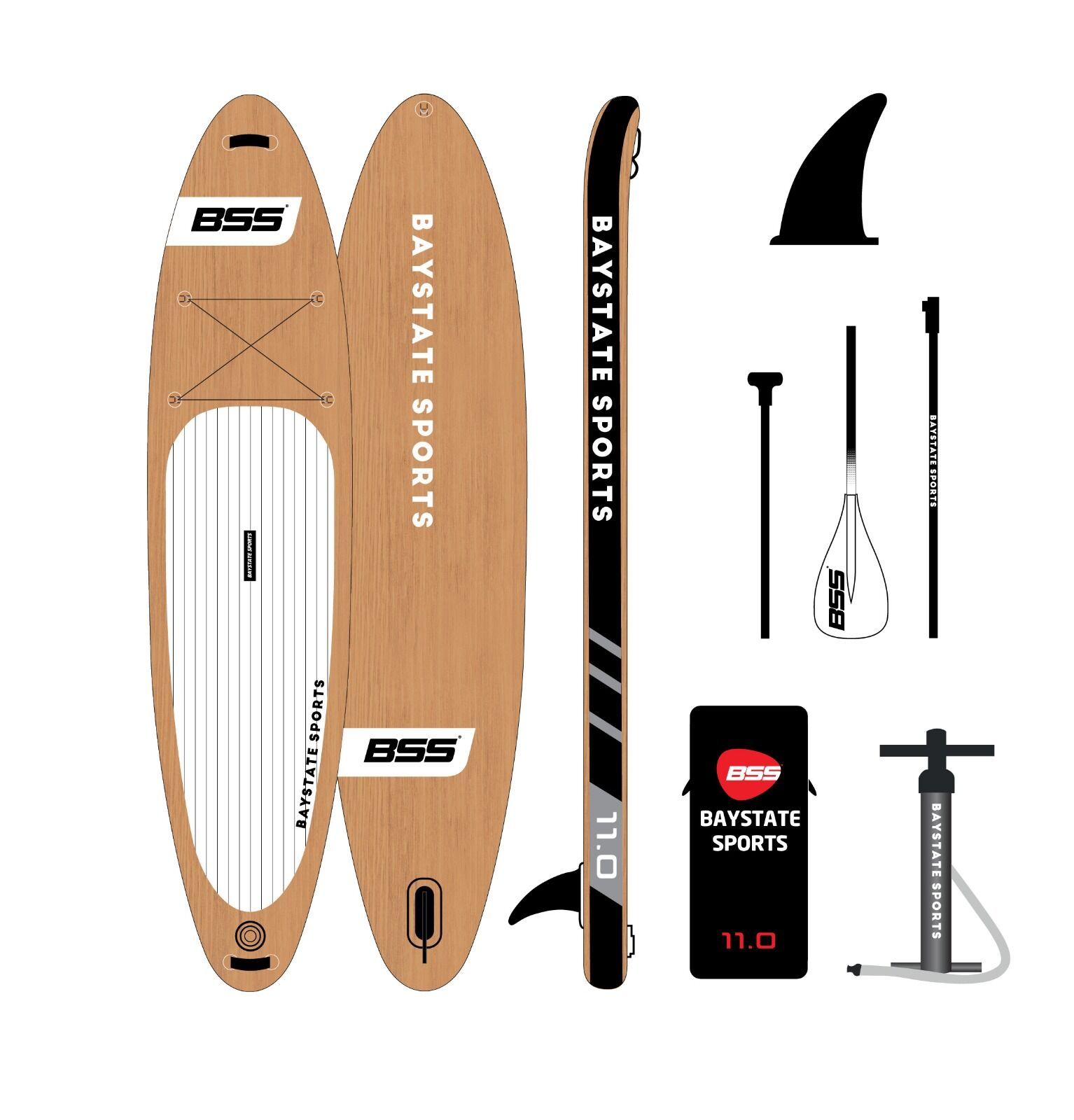 BSS Stand Up Paddle Board 11 - Wood Paddle Board (Inflatable) - SUP 11 - Kürek Sörfü (Şişme) - Full Paket