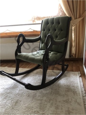 Asedia Vintage Kuğu Ceviz Yeşil El Oyması Ahşap Sallanan Sandalye Dinlenme Koltuğu Berjer