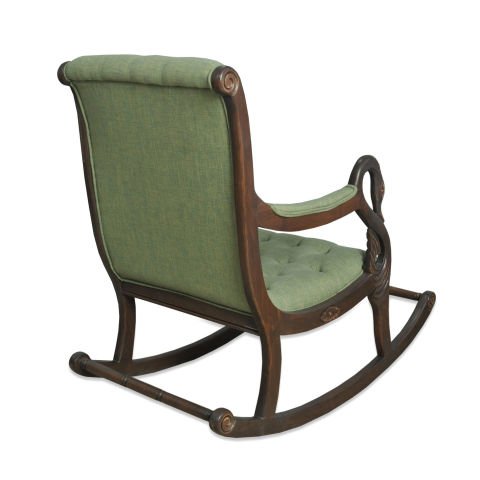 Asedia Vintage Kuğu Ceviz Yeşil El Oyması Ahşap Sallanan Sandalye Dinlenme Koltuğu Berjer