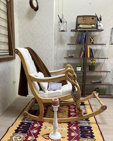 Asedia Vİntage Kuğu Naturel Krem El Oyması Ahşap Sallanan Sandalye Dinlenme Koltuğu Berjer