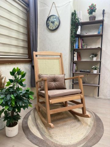 Asedia Veranda Naturel Kahve Minderli Hasırlı Sallanan Sandalye Hazeranlı Dinlenme Koltuğu