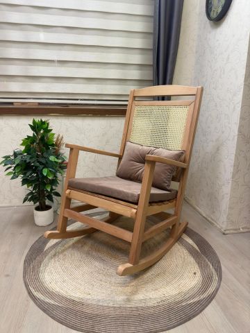 Asedia Veranda Naturel Kahve Minderli Hasırlı Sallanan Sandalye Hazeranlı Dinlenme Koltuğu