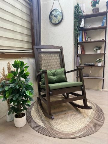 Asedia Veranda Ceviz Yeşil Minderli Hasırlı Sallanan Sandalye Hazeranlı Dinlenme Koltuğu