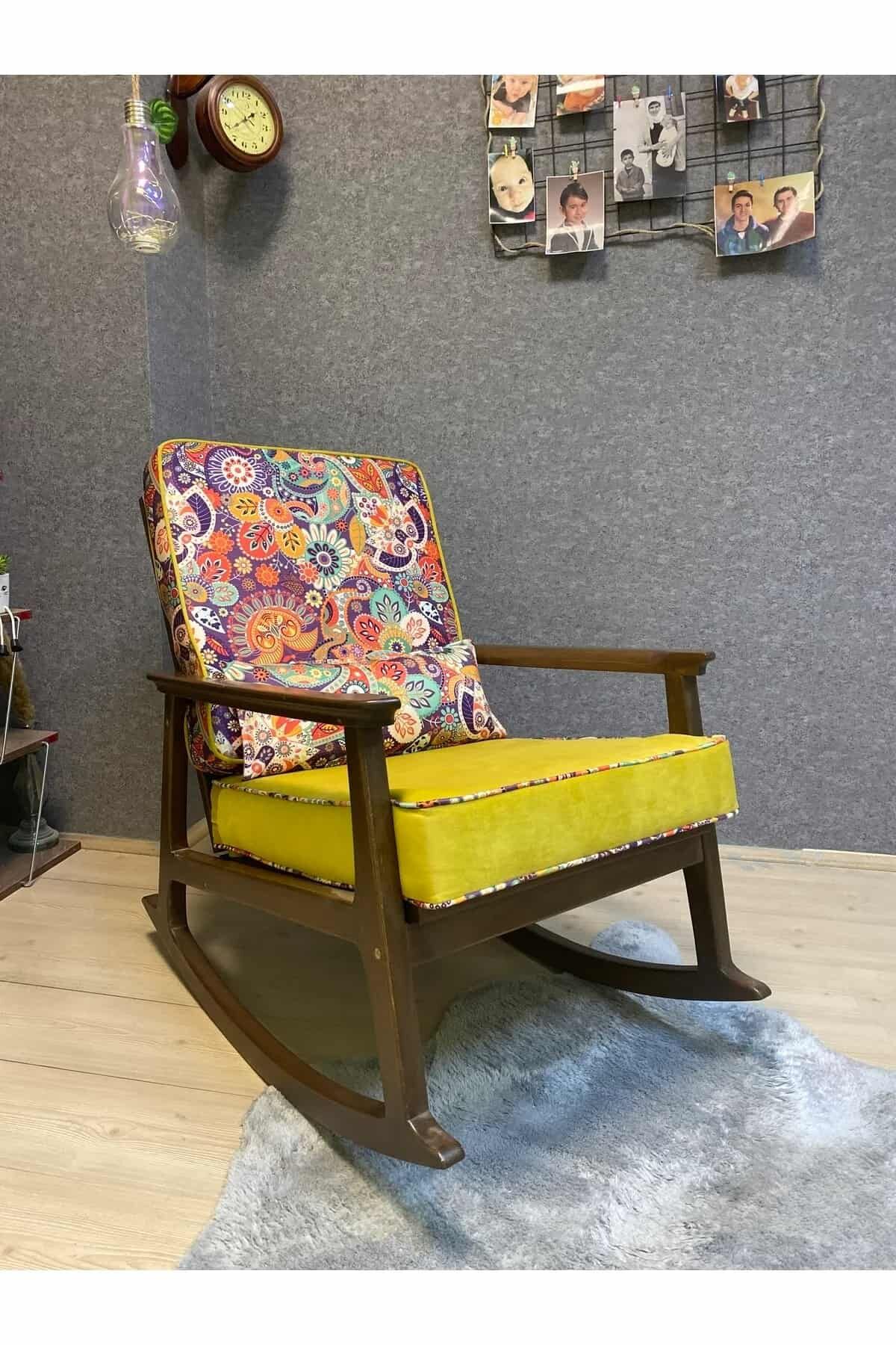 Asedia İskandinav Ceviz Sarı Retro Minderli Puflu Sallanan Sandalye Dinlenme Koltuğu
