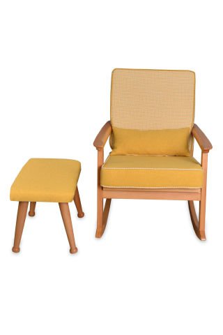 Asedia İskandinav Naturel Sarı Minderli Puflu Sallanan Sandalye Dinlenme Koltuğu