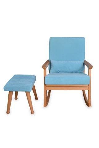 Asedia İskandinav Naturel Mavi Minderli Puflu Sallanan Sandalye Dinlenme Koltuğu