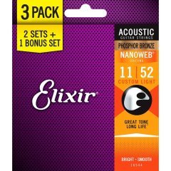 Elixir 11-52 Nanoweb Phos.Brz. Ekonomik 3'lü Set Akustik Gitar Teli (16544)