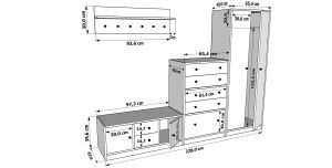 Dolaplı Puflu Raflı Askılıklı Çekmeceli Beyaz Vestiyer Çıtasız 228 cm VST-1114-Ç