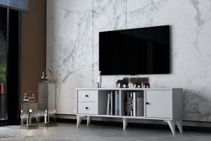 Dolaplı Çekmeceli Ayaklı Tv Ünitesi Beyaz 129 Cm TV-1314-Ç