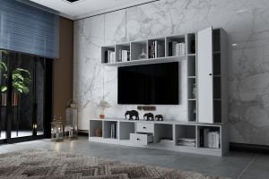 Duvar Dolaplı Çekmeceli Tv Ünitesi Beyaz 228 Cm TV-1302-Ç