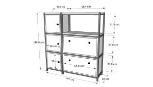 Raflı Üç Katlı Düşer Kapaklı Dolaplı Metal Ayakkabılık  Meşe 107 Cm MTL-AYK-1025-M