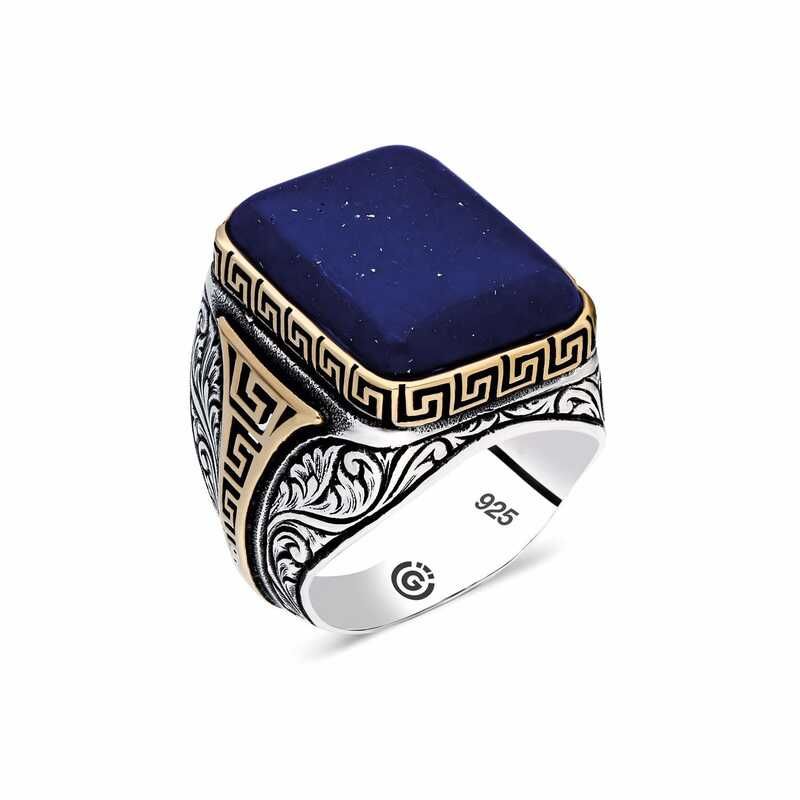 Gümüş Koyu Mavi Lapis Taşlı Kare Erkek Yüzük