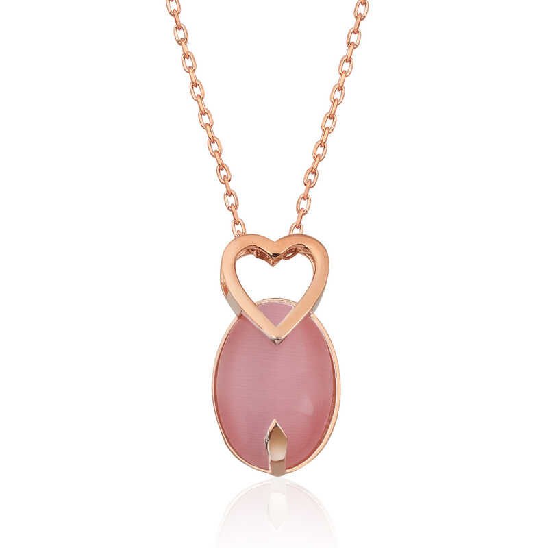 Gümüş Pembe Kedi Gözü Taşlı Kalp Kolye