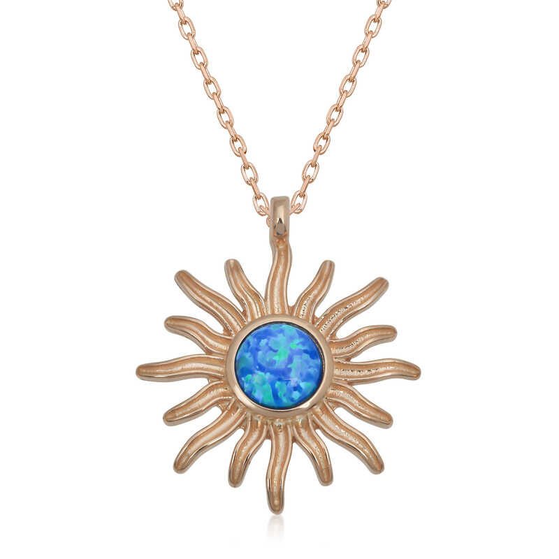 Gümüş Rose Mavi Opal Taşlı Güneş Kadın Kolye
