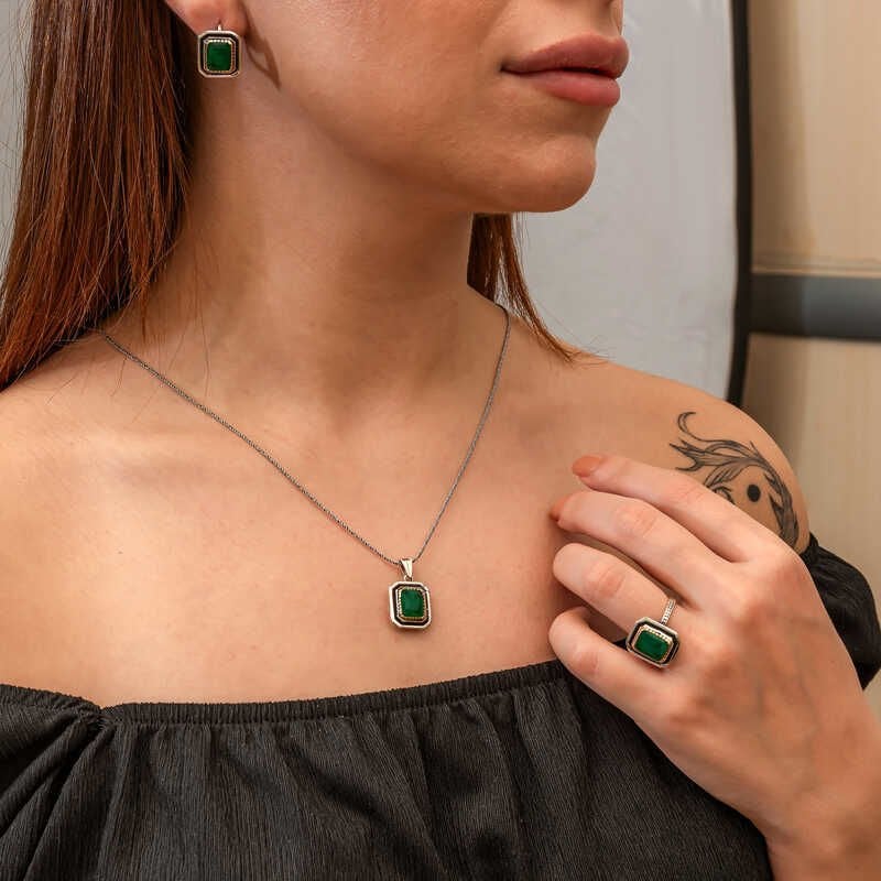 Gümüş Yeşil Taşlı Otantik Kadın Set 19