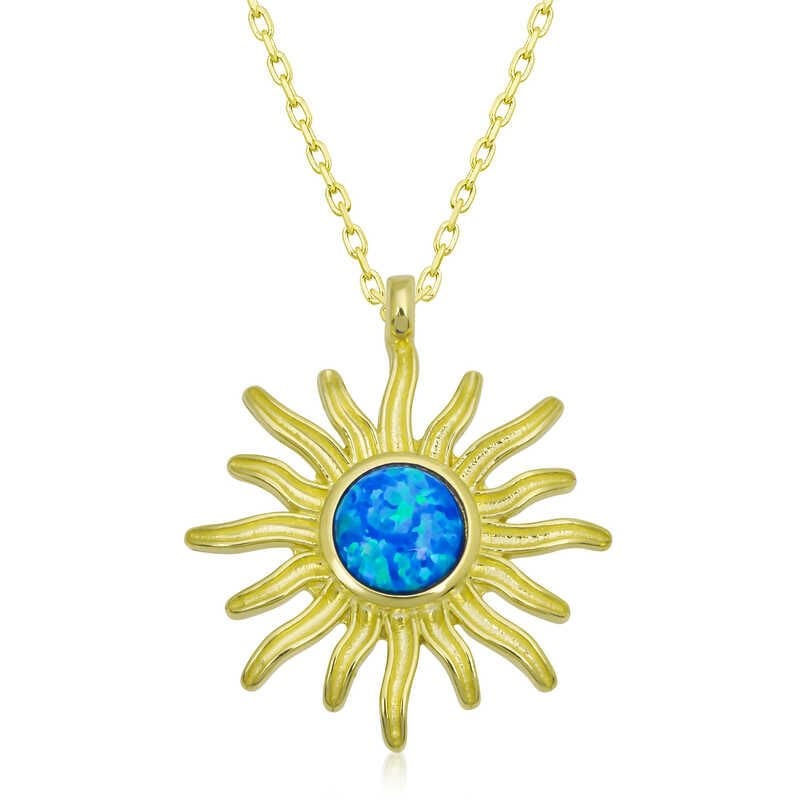 Gümüş Gold Mavi Opal Taşlı Güneş Kadın Kolye