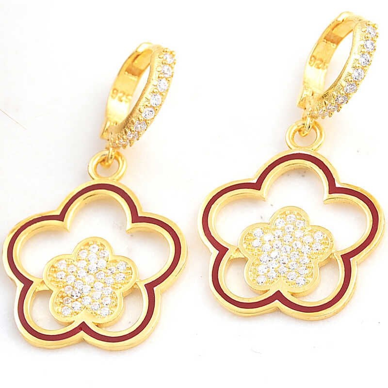 Gümüş Gold Sallantılı Çiçek Desenli Kadın Küpe