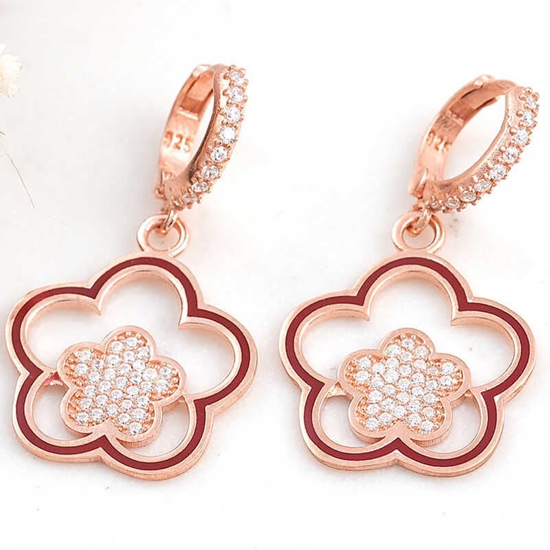 Gümüş Rose Sallantılı Çiçek Desenli Kadın Küpe