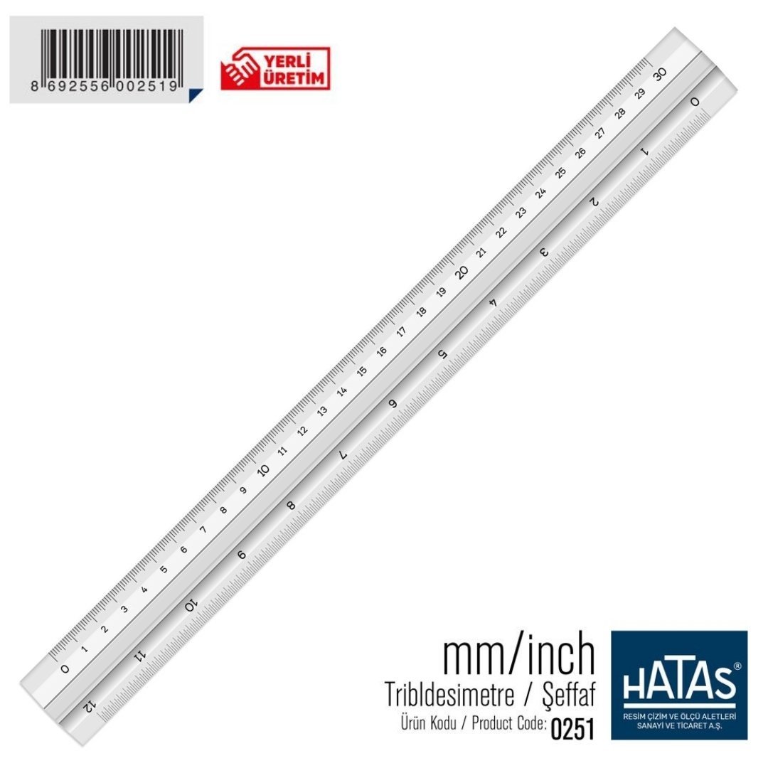 Hatas Tribldesimetre Şeffaf Üçgen Santimetre-İnch Ölçekli Cetvel 30cm 12inch