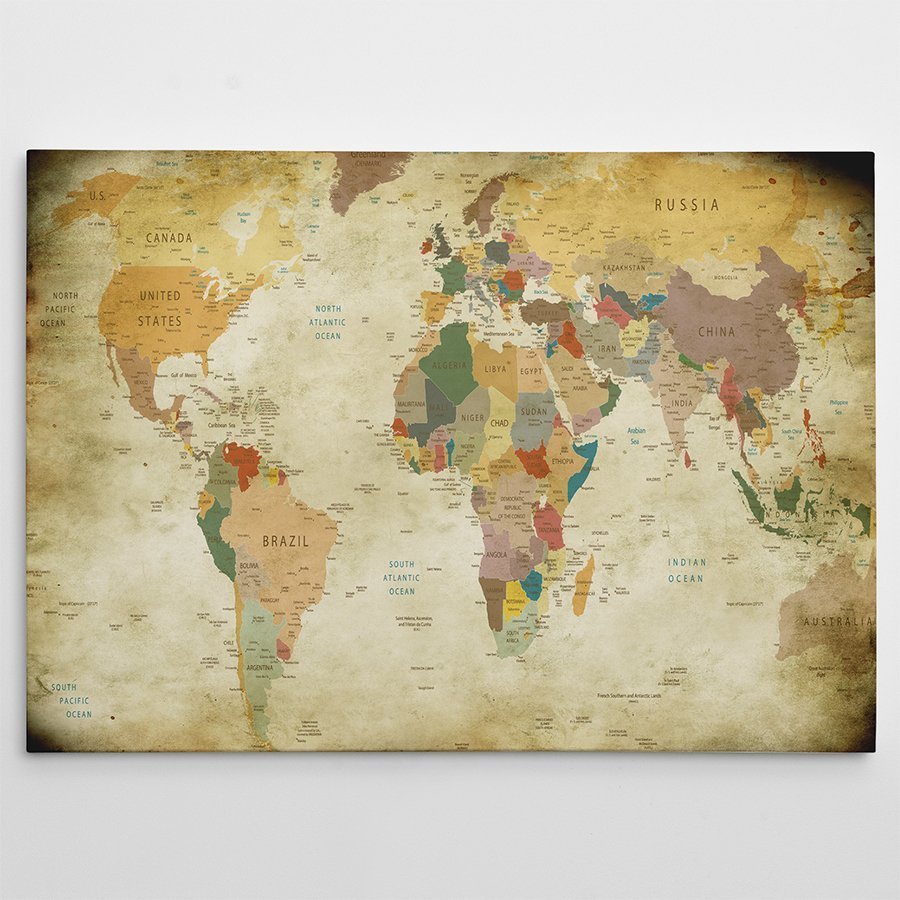 Dünya Haritası Eskitme Kanvas Tablo