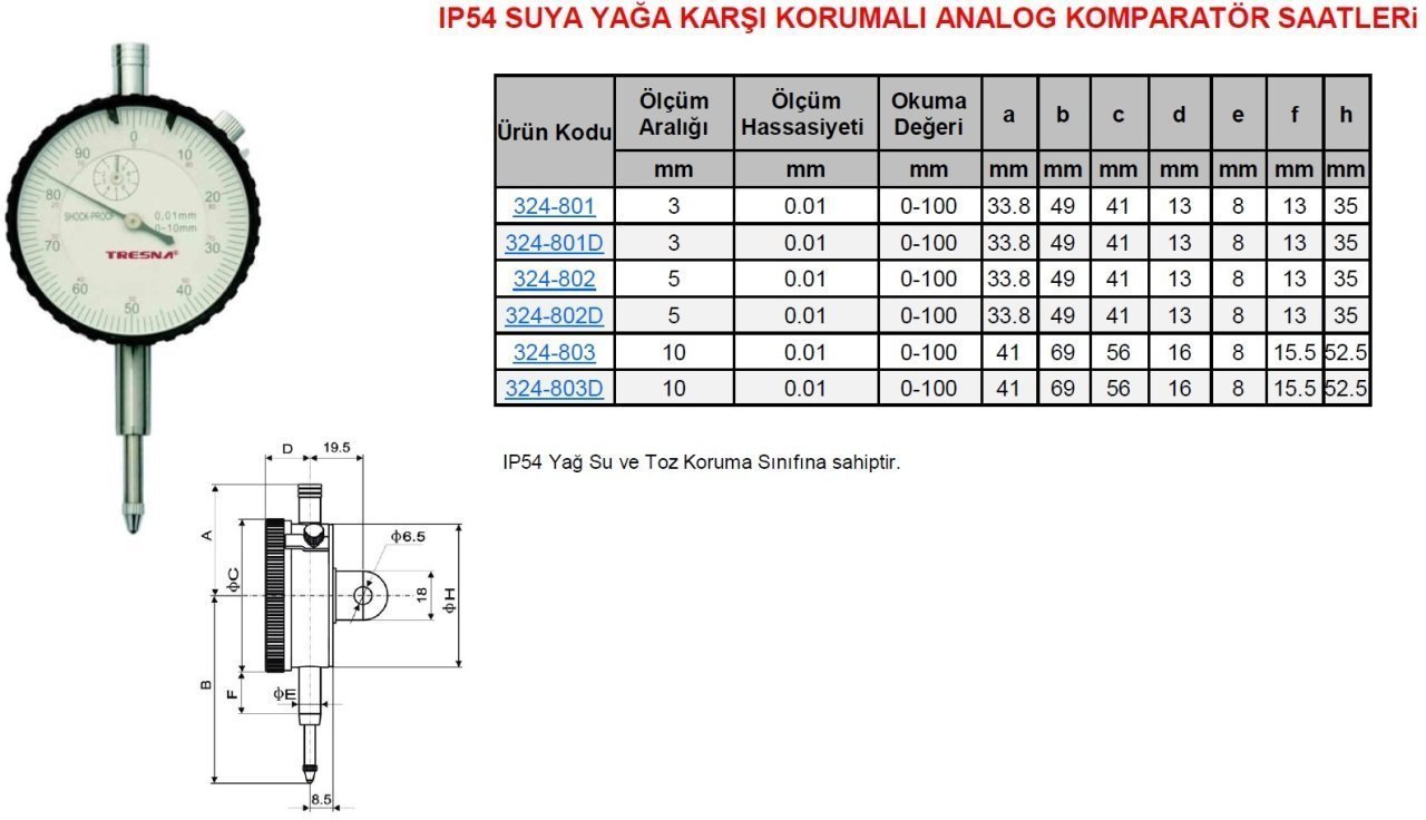 IP54 Analog Komparatör Saati 5/0.01mm