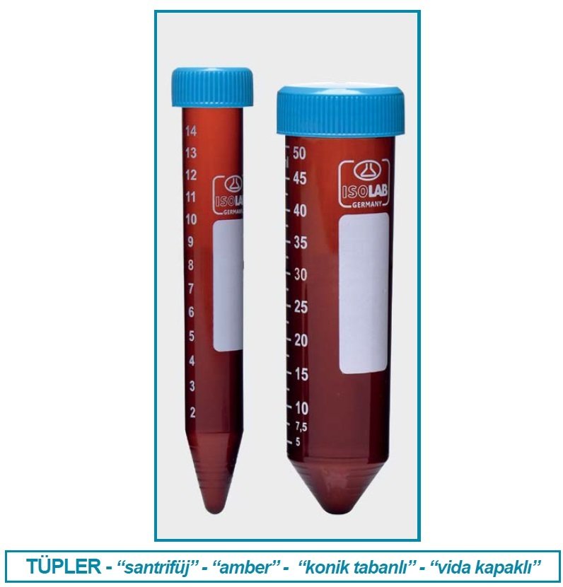 İSOLAB 078.12.002 tüp - santrfüj - amber - P.P - vidalı kapaklı - 15 ml - DNA/RNA free - gamma steril - tekli ambalaj (50 adet)