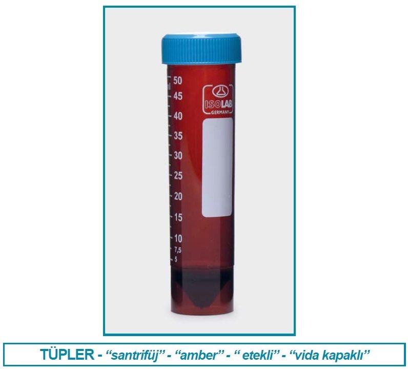 İSOLAB 078.12.006 tüp - santrfüj - amber - P.P - vidalı kapaklı - 50 ml - DNA/RNA free - etekli - gamma steril - tekli ambalaj (50 adet)
