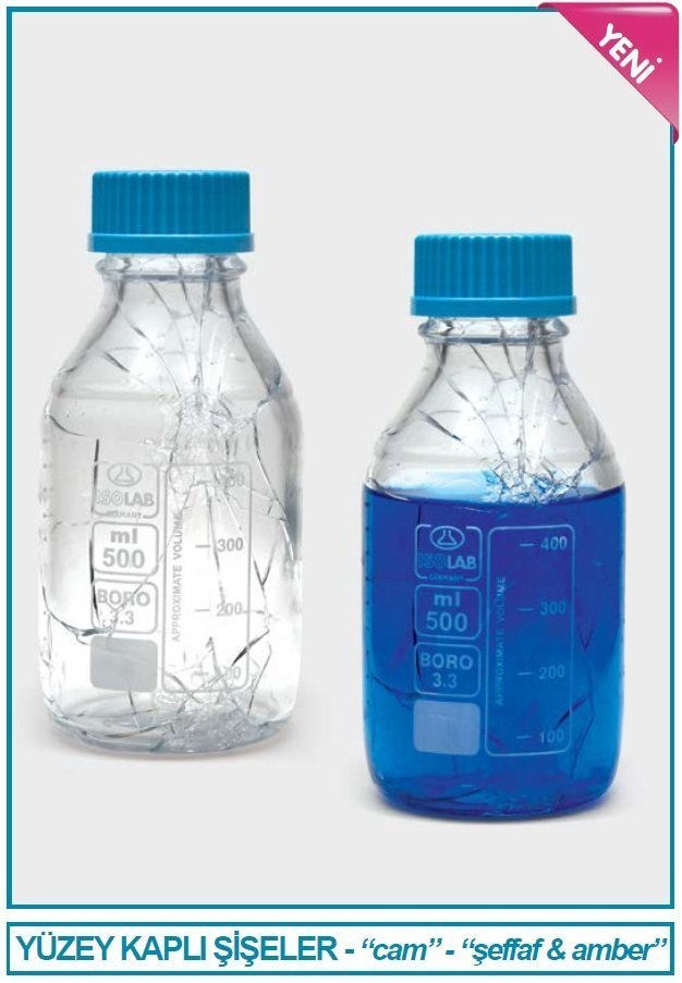 İSOLAB 061.01.500C şişe - borosilikat cam - şeffaf - vidalı kapaklı - 500 ml - yüzey kaplı (1 adet)