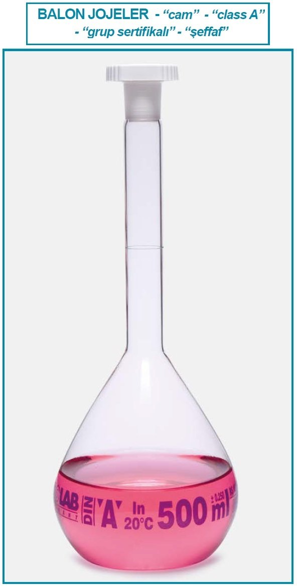 İSOLAB 013.01.500 balon joje - standard - şeffaf - A kalite - grup sertifikalı - mavi skala - 500 ml - NS 19/26 (2 adet)