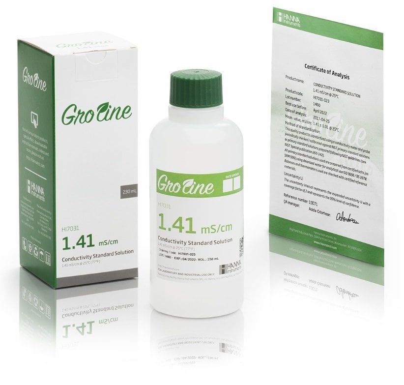 HANNA HI7031-023 GroLine 1,413 uS calibration solution, box, certificate of analysis, 230 ml