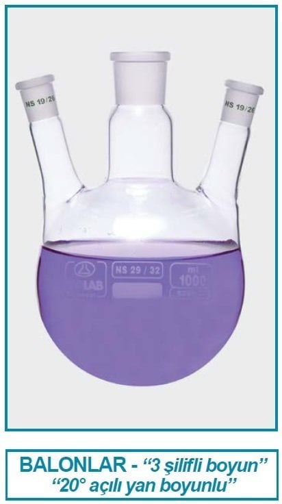 İSOLAB 030.38.500 balon-dibi yuvarlak-3 boyunlu-boyun:NS24/29-yan boyun:NS19/26 - 500 ml (1 adet)