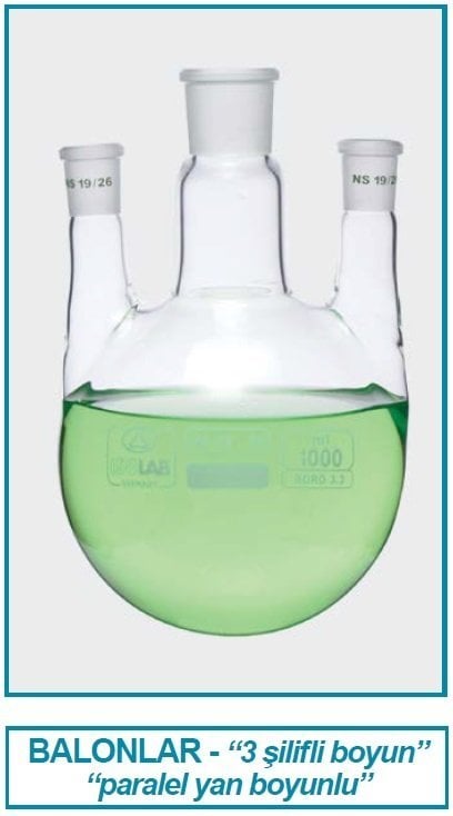 İSOLAB 030.46.250 balon-dibi yuvarlak-3 boyunlu-boyun:NS29/32-yan boyun:NS19/26 - 250 ml (1 adet)