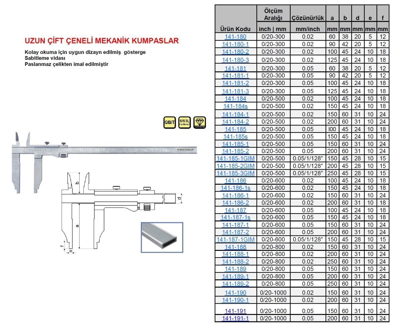 Uzun Çift Çene Mekanik Kumpas 800/150/0.02mm