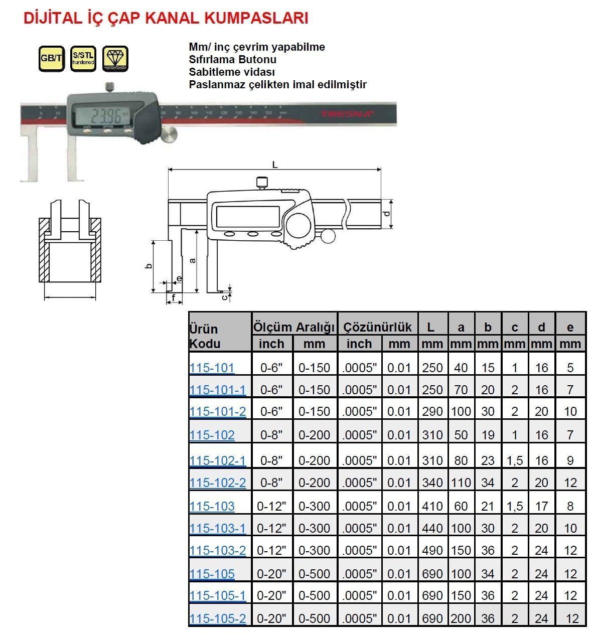 Dijital İç Çap Kanal Kumpas 200/110mm