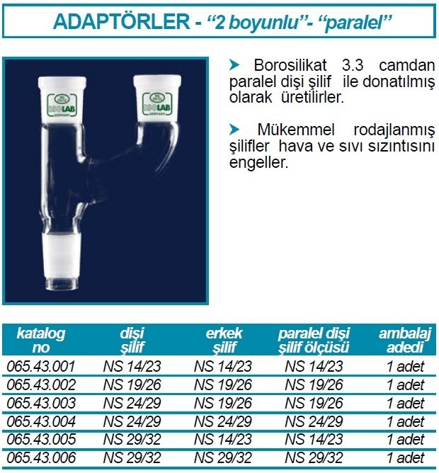 İSOLAB 065.43.005 adaptör - çoklu - 2 boyunlu - paralel - dişi şilif : NS 29/32 - erkek şilif : NS 14/23 - paralel dişi şilif : NS 14/23 (1 adet)