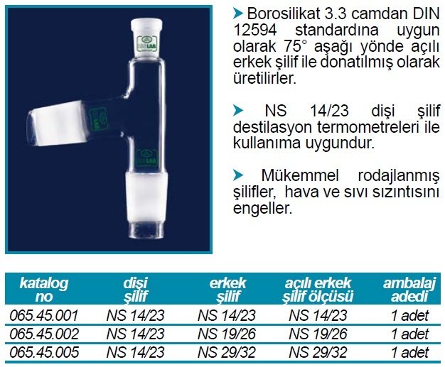 İSOLAB 065.45.002 adaptör - distilasyon - standart başlık - dişi şilif NS 14/23 - erkek şilif : NS 19/26 - açılı erkek şilif : NS 19/26 (1 adet)